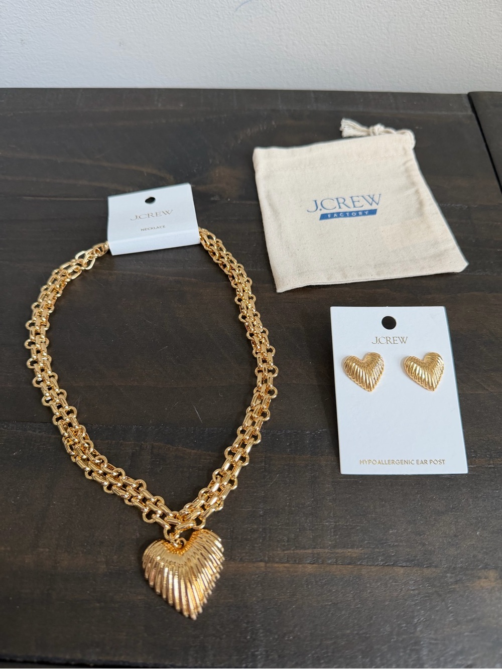 J. Crew Gold Ribbed Heart Pendant Necklace + Matching Heart Studs